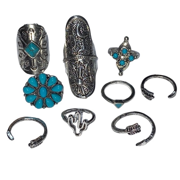 ✨NEW✨ Boho Turquoise Silver Tone Gypsy Ring Set (9pc) - Picture 6 of 7